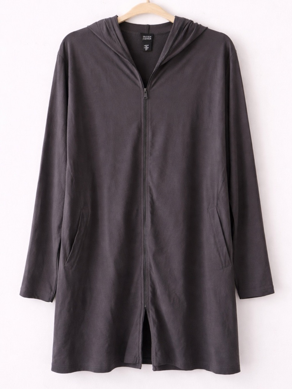 Eileen Fisher Zip Hooded Jacket XL Charcoal Stretch Viscose Long Cardigan NWOT - Picture 2 of 6